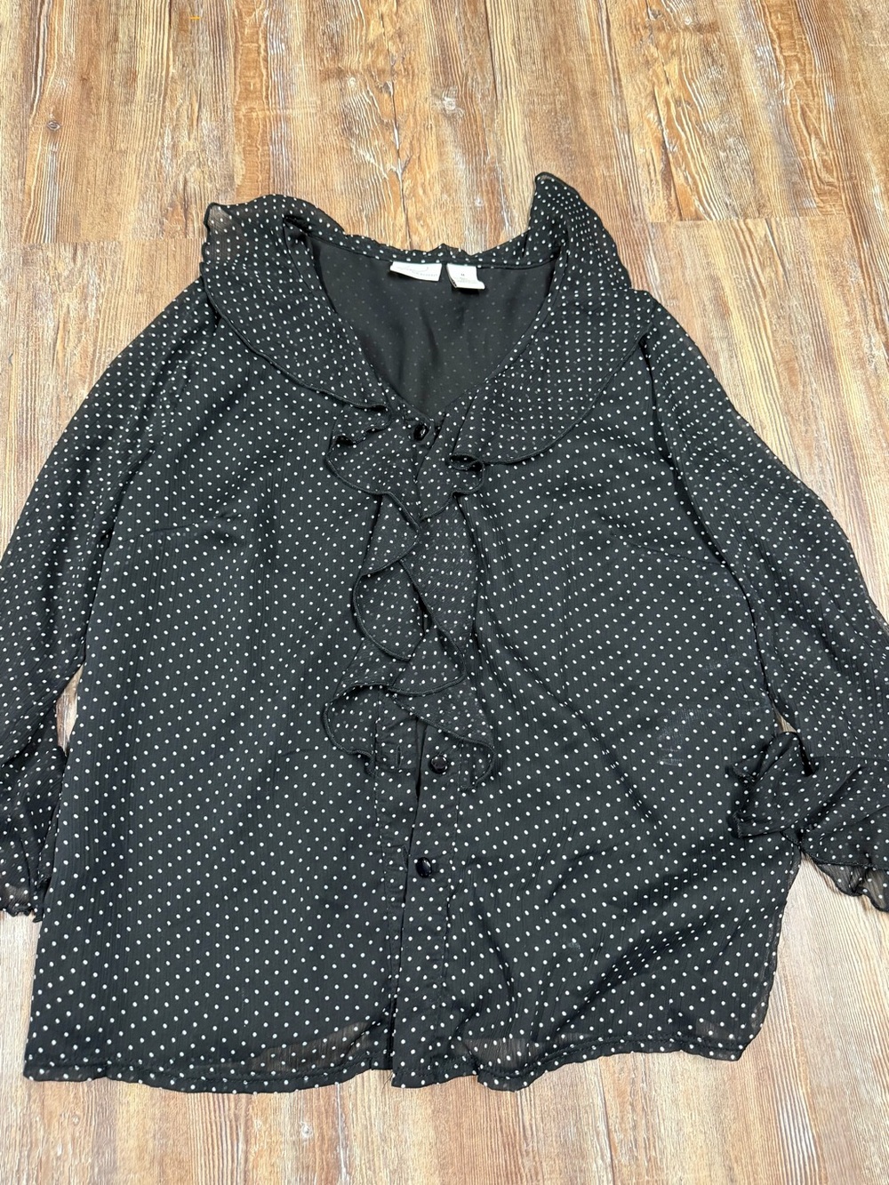 Kim Rogers black with white polka dot button down blouse with ruffles , size M